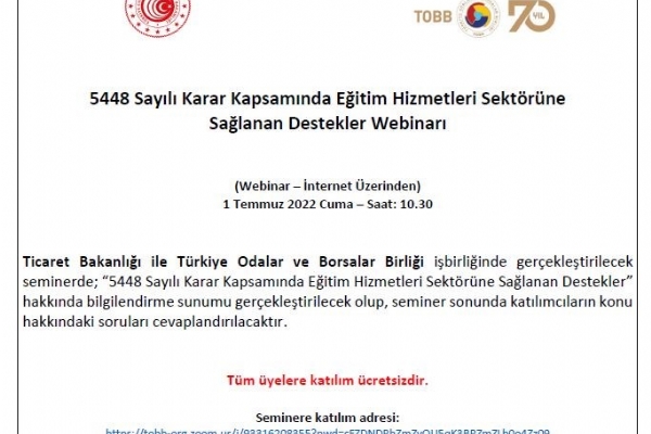 5448 Sayl Karar Kapsamnda Eitim Hizmetleri Sektrne  Salanan Destekler Webinar Gerekleti