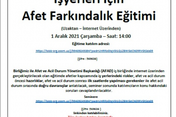 İşyerleri İçin Afet Farkındalık Eğitimi Gerçekleşti