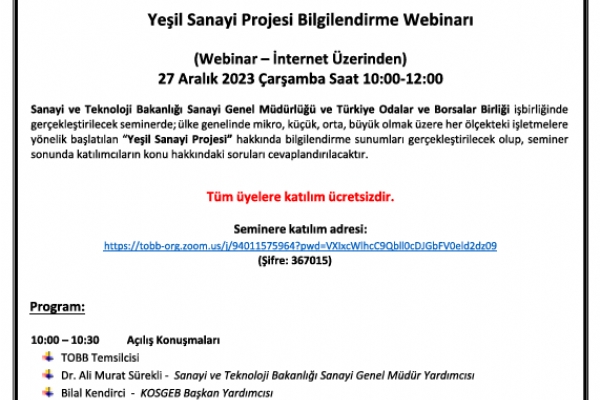 Yeil Sanayi Projesi Bilgilendirme Webinar Gerekleti