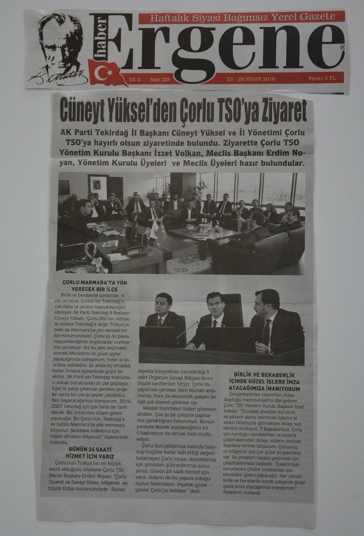 Cüneyt Yüksel´den Çorlu TSO´ya Ziyaret- 23-29 Nisan 2018- Ergene Gazetesi