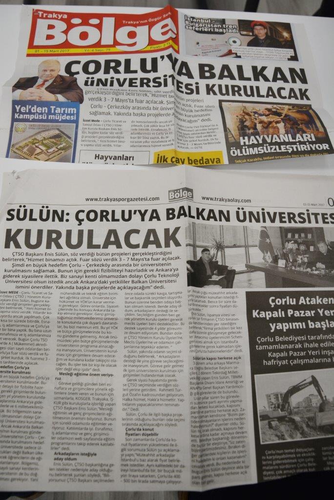Çorlu´ya Balkan Üniversitesi Kurulacak - 1-15 Mart 2017 - Trakya Bölge